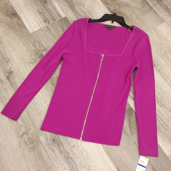 INC Ribbed Square Neck Full Zip Sweater - Picture 2 of 7